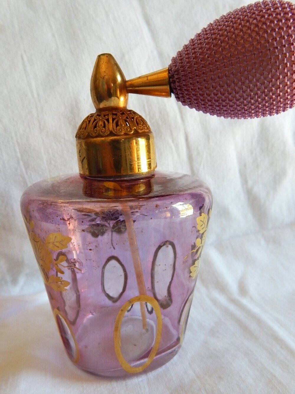 Rose Glass Vintage Atomizer - Floral Design - Gold Accents - Filigree Top